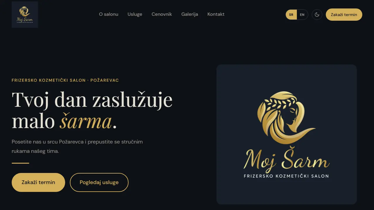 Početna strana sajta Moj Šarm, frizersko-kozmetički salon u Požarevcu